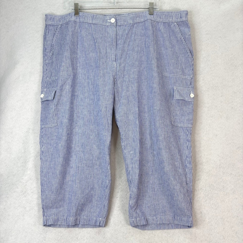Talbots Blue Striped Linen Blend Cargo Crop Pants Womens 24W‎ Coastal Nautical